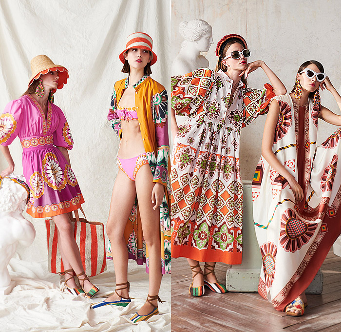 La DoubleJ 2023 Spring Summer Womens Lookbook - Milano Moda Donna Milan Fashion Week Italy - Renaissance Neapolitan Caprese Tiles Naples Ornaments Decorative Art Medallion Tiara Crop Top Midriff Poncho Bikini Wide Leg Culottes Maxi Dress Flowers Floral Varsity Jacket Loungewear Knit Crochet Mesh Blouse Lemons Citrus Shirtdress Strapless Poufy Shoulders Puff Sleeves Canopy Stripes Waves Pleats Carnival Tent Hem Tied Knot Skirt Gladiators Ballet Flats Straw Bucket Hat Slippers