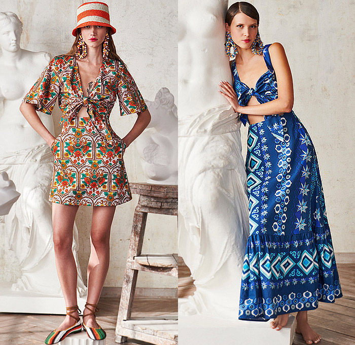 La DoubleJ 2023 Spring Summer Womens Lookbook - Milano Moda Donna Milan Fashion Week Italy - Renaissance Neapolitan Caprese Tiles Naples Ornaments Decorative Art Medallion Tiara Crop Top Midriff Poncho Bikini Wide Leg Culottes Maxi Dress Flowers Floral Varsity Jacket Loungewear Knit Crochet Mesh Blouse Lemons Citrus Shirtdress Strapless Poufy Shoulders Puff Sleeves Canopy Stripes Waves Pleats Carnival Tent Hem Tied Knot Skirt Gladiators Ballet Flats Straw Bucket Hat Slippers