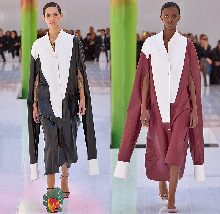 Loewe 2023 Spring Summer Womens Runway - Mode à Paris Fashion Week France - Anthurium Phallic Symbol Breast Cover Flowers Floral Sculpture Hotpants Noodle Strap Curtain Rods Draped Sheer Tulle Pompoms Stripes Cocktail Babydoll Dress Shirtdress Cropped Knit Blouse Oversized Elongated Sweaterdress Hanging Sleeve A-line Field Trench Jacket Pixels Baggy Sweatshirt Hoodie Crinoline Petticoat Strapless Foam Board Handbag Sandals Plastic Balloon Tubes Slippers