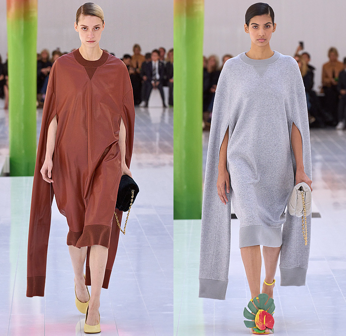 Loewe 2023 Spring Summer Womens Runway - Mode à Paris Fashion Week France - Anthurium Phallic Symbol Breast Cover Flowers Floral Sculpture Hotpants Noodle Strap Curtain Rods Draped Sheer Tulle Pompoms Stripes Cocktail Babydoll Dress Shirtdress Cropped Knit Blouse Oversized Elongated Sweaterdress Hanging Sleeve A-line Field Trench Jacket Pixels Baggy Sweatshirt Hoodie Crinoline Petticoat Strapless Foam Board Handbag Sandals Plastic Balloon Tubes Slippers