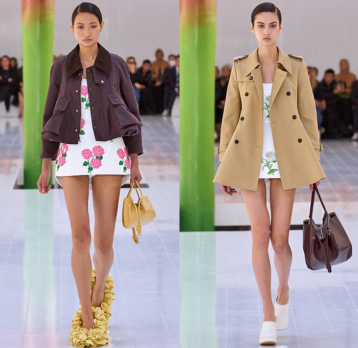 Loewe 2023 Spring Summer Womens Runway - Mode à Paris Fashion Week France - Anthurium Phallic Symbol Breast Cover Flowers Floral Sculpture Hotpants Noodle Strap Curtain Rods Draped Sheer Tulle Pompoms Stripes Cocktail Babydoll Dress Shirtdress Cropped Knit Blouse Oversized Elongated Sweaterdress Hanging Sleeve A-line Field Trench Jacket Pixels Baggy Sweatshirt Hoodie Crinoline Petticoat Strapless Foam Board Handbag Sandals Plastic Balloon Tubes Slippers