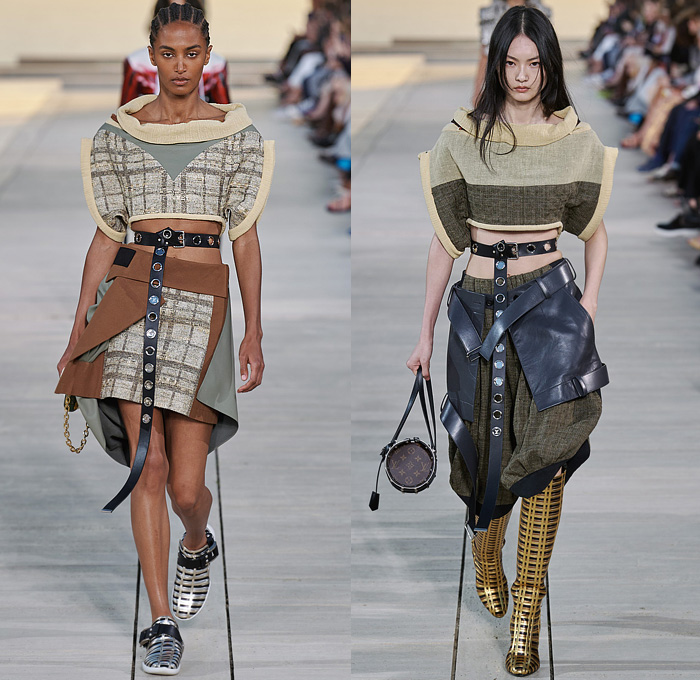 Louis Vuitton 2023 Resort Cruise Pre-Spring Womens Runway Catwalk Looks - Greek Goddess Mythology Amazon Warrior Medieval Armor Scales Cross Vest Deconstructed Belt Gold Feathers Embossed Brocade Jacquard Tiles Knit Fringes Draped Crop Top Midriff Capsleeve Boxy Frankenstein Shoulders Marbled Sequins Hood Wide Lapel Skirt Metal Linen Tweed Tapered Denim Jeans Zipper Anorak Sheer Tulle Leather Chain Pockets Biker Jacket Coat Dress Gown Handbag Studs Boots Gloves Sneakers Aviator Cap