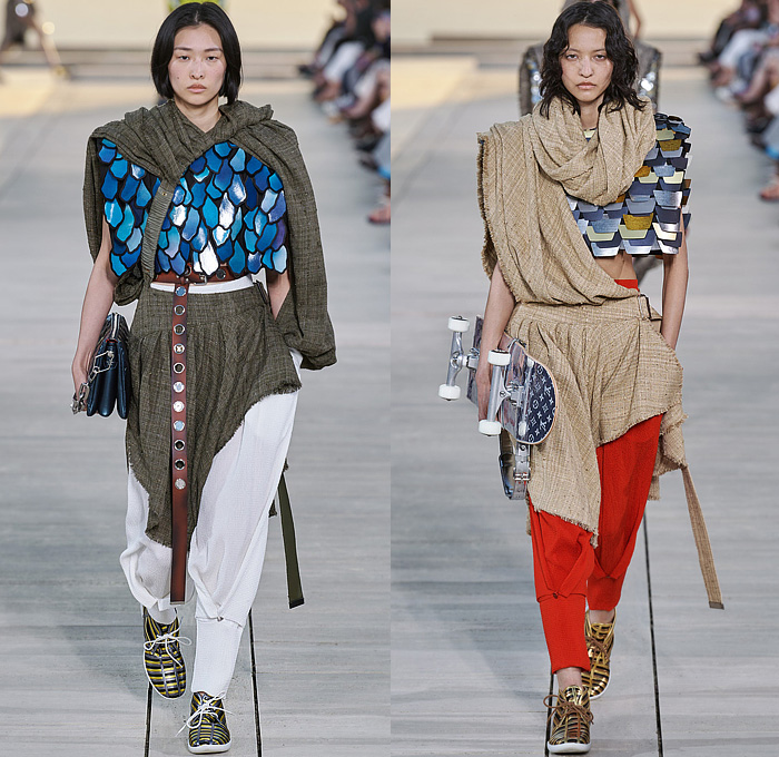 Louis Vuitton 2023 Resort Cruise Pre-Spring Womens Runway Catwalk Looks - Greek Goddess Mythology Amazon Warrior Medieval Armor Scales Cross Vest Deconstructed Belt Gold Feathers Embossed Brocade Jacquard Tiles Knit Fringes Draped Crop Top Midriff Capsleeve Boxy Frankenstein Shoulders Marbled Sequins Hood Wide Lapel Skirt Metal Linen Tweed Tapered Denim Jeans Zipper Anorak Sheer Tulle Leather Chain Pockets Biker Jacket Coat Dress Gown Handbag Studs Boots Gloves Sneakers Aviator Cap