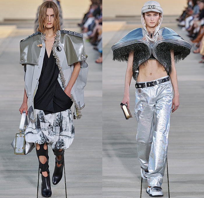 Louis Vuitton 2023 Resort Cruise Pre-Spring Womens Runway Catwalk Looks - Greek Goddess Mythology Amazon Warrior Medieval Armor Scales Cross Vest Deconstructed Belt Gold Feathers Embossed Brocade Jacquard Tiles Knit Fringes Draped Crop Top Midriff Capsleeve Boxy Frankenstein Shoulders Marbled Sequins Hood Wide Lapel Skirt Metal Linen Tweed Tapered Denim Jeans Zipper Anorak Sheer Tulle Leather Chain Pockets Biker Jacket Coat Dress Gown Handbag Studs Boots Gloves Sneakers Aviator Cap