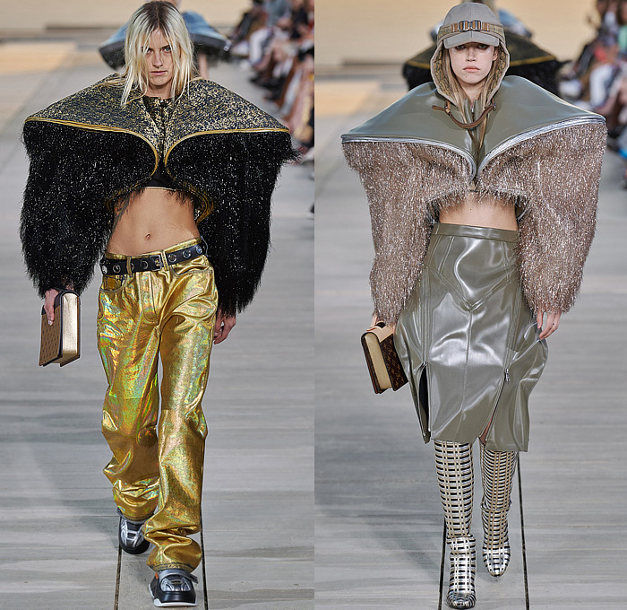 Louis Vuitton 2023 Resort Cruise Pre-Spring Womens Runway Catwalk Looks - Greek Goddess Mythology Amazon Warrior Medieval Armor Scales Cross Vest Deconstructed Belt Gold Feathers Embossed Brocade Jacquard Tiles Knit Fringes Draped Crop Top Midriff Capsleeve Boxy Frankenstein Shoulders Marbled Sequins Hood Wide Lapel Skirt Metal Linen Tweed Tapered Denim Jeans Zipper Anorak Sheer Tulle Leather Chain Pockets Biker Jacket Coat Dress Gown Handbag Studs Boots Gloves Sneakers Aviator Cap