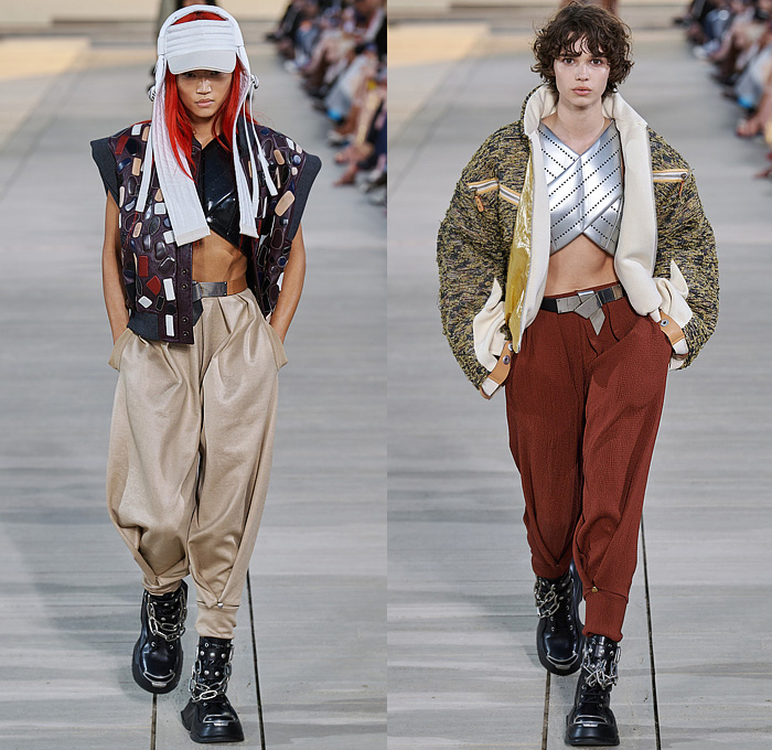 Louis Vuitton 2023 Resort Cruise Pre-Spring Womens Runway Catwalk Looks - Greek Goddess Mythology Amazon Warrior Medieval Armor Scales Cross Vest Deconstructed Belt Gold Feathers Embossed Brocade Jacquard Tiles Knit Fringes Draped Crop Top Midriff Capsleeve Boxy Frankenstein Shoulders Marbled Sequins Hood Wide Lapel Skirt Metal Linen Tweed Tapered Denim Jeans Zipper Anorak Sheer Tulle Leather Chain Pockets Biker Jacket Coat Dress Gown Handbag Studs Boots Gloves Sneakers Aviator Cap