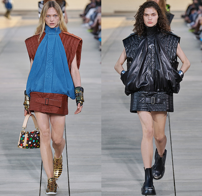 Louis Vuitton 2023 Resort Cruise Pre-Spring Womens Runway Catwalk Looks - Greek Goddess Mythology Amazon Warrior Medieval Armor Scales Cross Vest Deconstructed Belt Gold Feathers Embossed Brocade Jacquard Tiles Knit Fringes Draped Crop Top Midriff Capsleeve Boxy Frankenstein Shoulders Marbled Sequins Hood Wide Lapel Skirt Metal Linen Tweed Tapered Denim Jeans Zipper Anorak Sheer Tulle Leather Chain Pockets Biker Jacket Coat Dress Gown Handbag Studs Boots Gloves Sneakers Aviator Cap