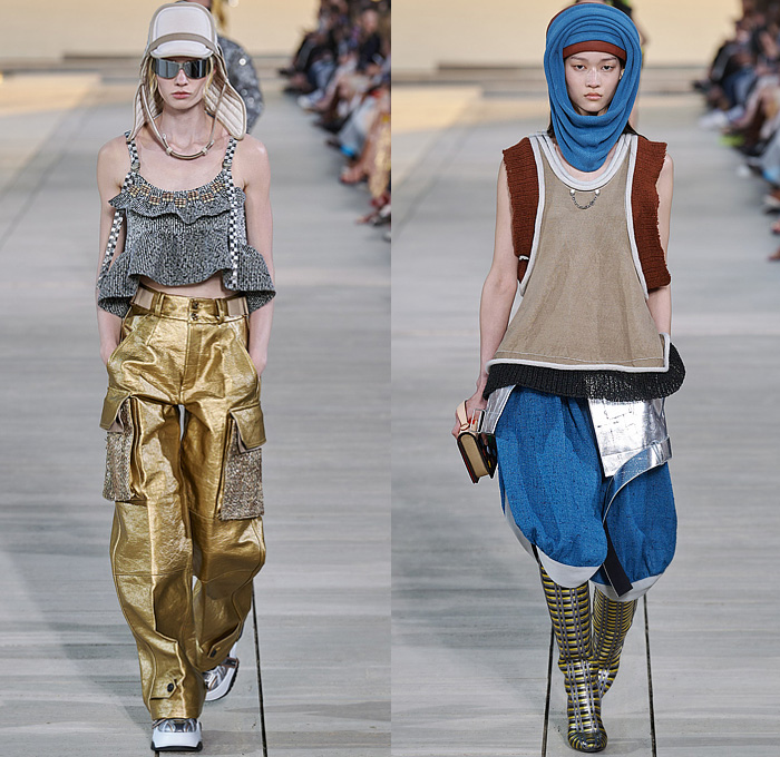 Louis Vuitton 2023 Resort Cruise Pre-Spring Womens Runway Catwalk Looks - Greek Goddess Mythology Amazon Warrior Medieval Armor Scales Cross Vest Deconstructed Belt Gold Feathers Embossed Brocade Jacquard Tiles Knit Fringes Draped Crop Top Midriff Capsleeve Boxy Frankenstein Shoulders Marbled Sequins Hood Wide Lapel Skirt Metal Linen Tweed Tapered Denim Jeans Zipper Anorak Sheer Tulle Leather Chain Pockets Biker Jacket Coat Dress Gown Handbag Studs Boots Gloves Sneakers Aviator Cap