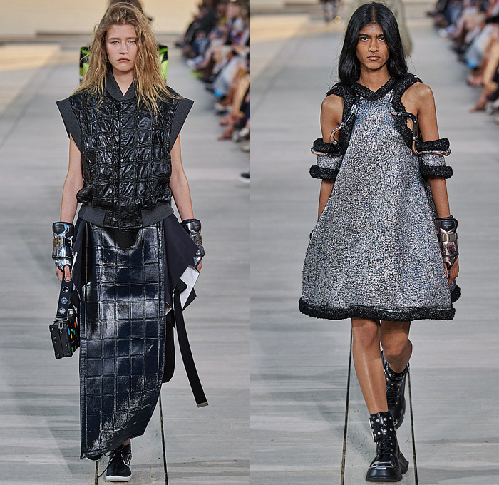 Louis Vuitton 2023 Resort Cruise Pre-Spring Womens Runway Catwalk Looks - Greek Goddess Mythology Amazon Warrior Medieval Armor Scales Cross Vest Deconstructed Belt Gold Feathers Embossed Brocade Jacquard Tiles Knit Fringes Draped Crop Top Midriff Capsleeve Boxy Frankenstein Shoulders Marbled Sequins Hood Wide Lapel Skirt Metal Linen Tweed Tapered Denim Jeans Zipper Anorak Sheer Tulle Leather Chain Pockets Biker Jacket Coat Dress Gown Handbag Studs Boots Gloves Sneakers Aviator Cap