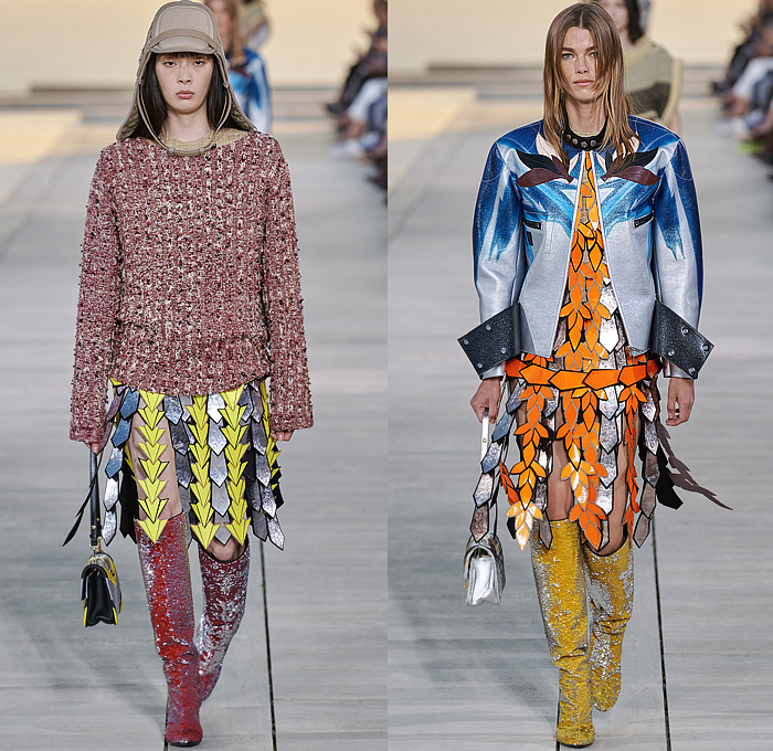 Louis Vuitton 2023 Resort Cruise Pre-Spring Womens Runway Catwalk Looks - Greek Goddess Mythology Amazon Warrior Medieval Armor Scales Cross Vest Deconstructed Belt Gold Feathers Embossed Brocade Jacquard Tiles Knit Fringes Draped Crop Top Midriff Capsleeve Boxy Frankenstein Shoulders Marbled Sequins Hood Wide Lapel Skirt Metal Linen Tweed Tapered Denim Jeans Zipper Anorak Sheer Tulle Leather Chain Pockets Biker Jacket Coat Dress Gown Handbag Studs Boots Gloves Sneakers Aviator Cap