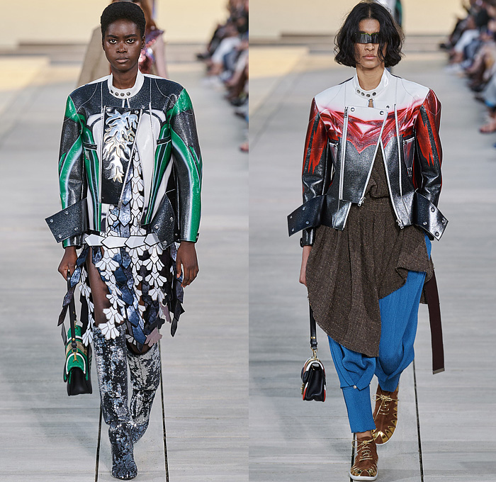 Louis Vuitton 2023 Resort Cruise Pre-Spring Womens Runway Catwalk Looks - Greek Goddess Mythology Amazon Warrior Medieval Armor Scales Cross Vest Deconstructed Belt Gold Feathers Embossed Brocade Jacquard Tiles Knit Fringes Draped Crop Top Midriff Capsleeve Boxy Frankenstein Shoulders Marbled Sequins Hood Wide Lapel Skirt Metal Linen Tweed Tapered Denim Jeans Zipper Anorak Sheer Tulle Leather Chain Pockets Biker Jacket Coat Dress Gown Handbag Studs Boots Gloves Sneakers Aviator Cap