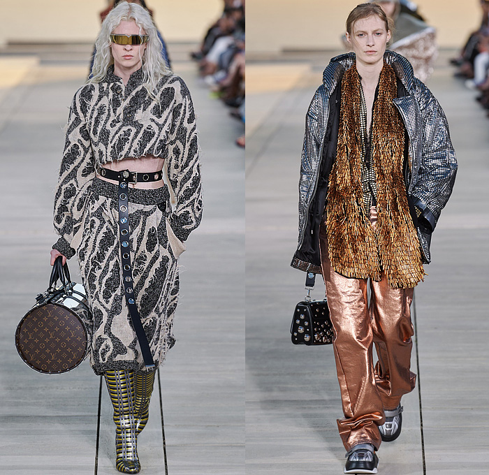 Louis Vuitton 2023 Resort Cruise Pre-Spring Womens Runway Catwalk Looks - Greek Goddess Mythology Amazon Warrior Medieval Armor Scales Cross Vest Deconstructed Belt Gold Feathers Embossed Brocade Jacquard Tiles Knit Fringes Draped Crop Top Midriff Capsleeve Boxy Frankenstein Shoulders Marbled Sequins Hood Wide Lapel Skirt Metal Linen Tweed Tapered Denim Jeans Zipper Anorak Sheer Tulle Leather Chain Pockets Biker Jacket Coat Dress Gown Handbag Studs Boots Gloves Sneakers Aviator Cap