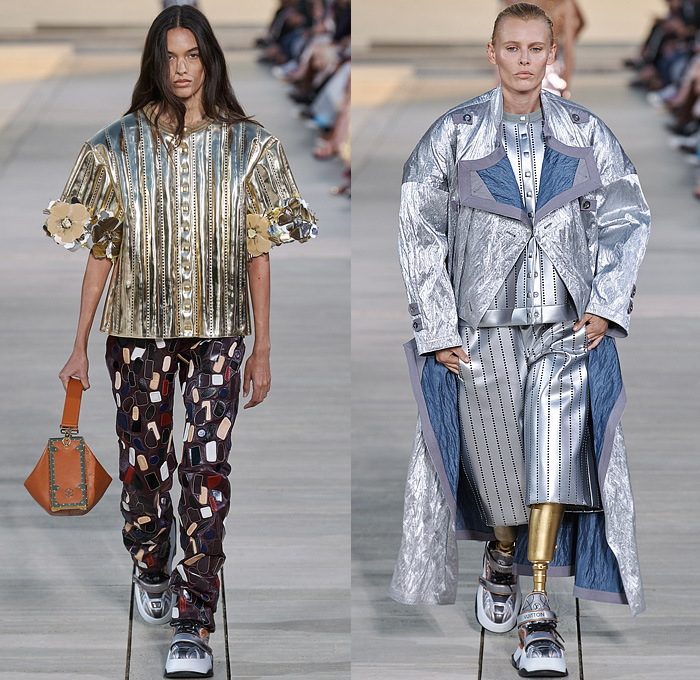 Louis Vuitton 2023 Resort Cruise Pre-Spring Womens Runway Catwalk Looks - Greek Goddess Mythology Amazon Warrior Medieval Armor Scales Cross Vest Deconstructed Belt Gold Feathers Embossed Brocade Jacquard Tiles Knit Fringes Draped Crop Top Midriff Capsleeve Boxy Frankenstein Shoulders Marbled Sequins Hood Wide Lapel Skirt Metal Linen Tweed Tapered Denim Jeans Zipper Anorak Sheer Tulle Leather Chain Pockets Biker Jacket Coat Dress Gown Handbag Studs Boots Gloves Sneakers Aviator Cap