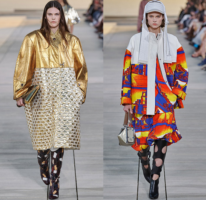 Louis Vuitton 2023 Resort Cruise Pre-Spring Womens Runway Catwalk Looks - Greek Goddess Mythology Amazon Warrior Medieval Armor Scales Cross Vest Deconstructed Belt Gold Feathers Embossed Brocade Jacquard Tiles Knit Fringes Draped Crop Top Midriff Capsleeve Boxy Frankenstein Shoulders Marbled Sequins Hood Wide Lapel Skirt Metal Linen Tweed Tapered Denim Jeans Zipper Anorak Sheer Tulle Leather Chain Pockets Biker Jacket Coat Dress Gown Handbag Studs Boots Gloves Sneakers Aviator Cap