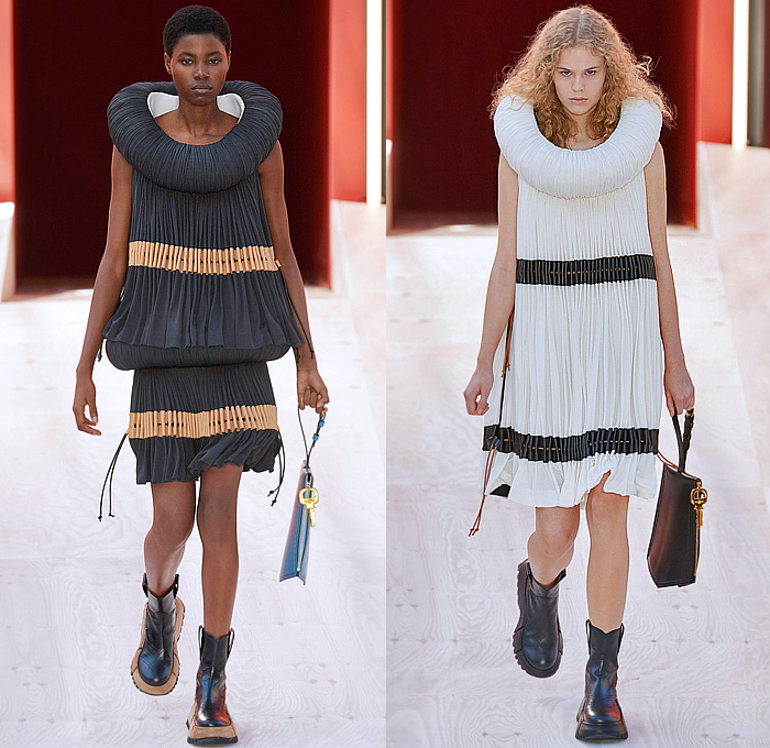 Louis Vuitton 2023 Spring Summer Womens Runway Collection - Mode à Paris Fashion Week France - Trompe L'oeil Giant Oversized Zipper Hooks Slider Closures Coils Pleats Crop Top Midriff Drawstring Funnelneck Bow Ribbons Patchwork Keys Noodle Strap Cargo Pockets Wide Belt Pinafore Babydoll Dress Coat Cardigan Wool Check Sheer Tulle Organza Ruffles Bralette Tiered Scales Leggings Tights Mesh Bedazzled Crystals Gems Jewels Beads Lace Embroidery Strapless Handbag Boots