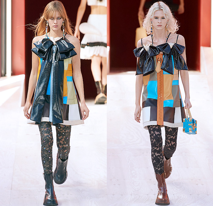 Louis Vuitton 2023 Spring Summer Womens Runway Collection - Mode à Paris Fashion Week France - Trompe L'oeil Giant Oversized Zipper Hooks Slider Closures Coils Pleats Crop Top Midriff Drawstring Funnelneck Bow Ribbons Patchwork Keys Noodle Strap Cargo Pockets Wide Belt Pinafore Babydoll Dress Coat Cardigan Wool Check Sheer Tulle Organza Ruffles Bralette Tiered Scales Leggings Tights Mesh Bedazzled Crystals Gems Jewels Beads Lace Embroidery Strapless Handbag Boots