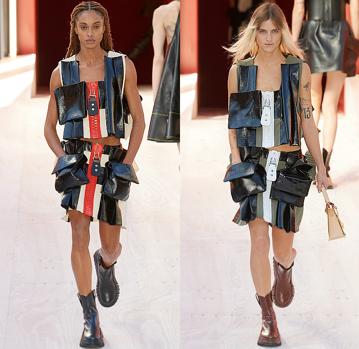 Louis Vuitton 2023 Spring Summer Womens Runway Collection - Mode à Paris Fashion Week France - Trompe L'oeil Giant Oversized Zipper Hooks Slider Closures Coils Pleats Crop Top Midriff Drawstring Funnelneck Bow Ribbons Patchwork Keys Noodle Strap Cargo Pockets Wide Belt Pinafore Babydoll Dress Coat Cardigan Wool Check Sheer Tulle Organza Ruffles Bralette Tiered Scales Leggings Tights Mesh Bedazzled Crystals Gems Jewels Beads Lace Embroidery Strapless Handbag Boots