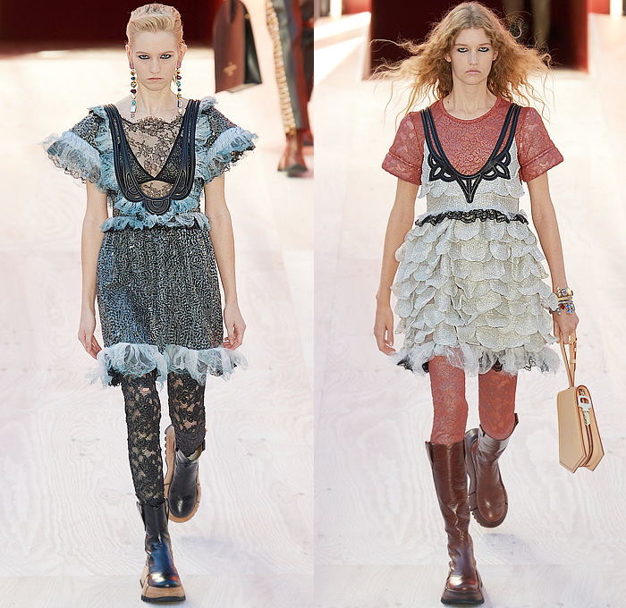 Louis Vuitton 2023 Spring Summer Womens Runway Collection - Mode à Paris Fashion Week France - Trompe L'oeil Giant Oversized Zipper Hooks Slider Closures Coils Pleats Crop Top Midriff Drawstring Funnelneck Bow Ribbons Patchwork Keys Noodle Strap Cargo Pockets Wide Belt Pinafore Babydoll Dress Coat Cardigan Wool Check Sheer Tulle Organza Ruffles Bralette Tiered Scales Leggings Tights Mesh Bedazzled Crystals Gems Jewels Beads Lace Embroidery Strapless Handbag Boots