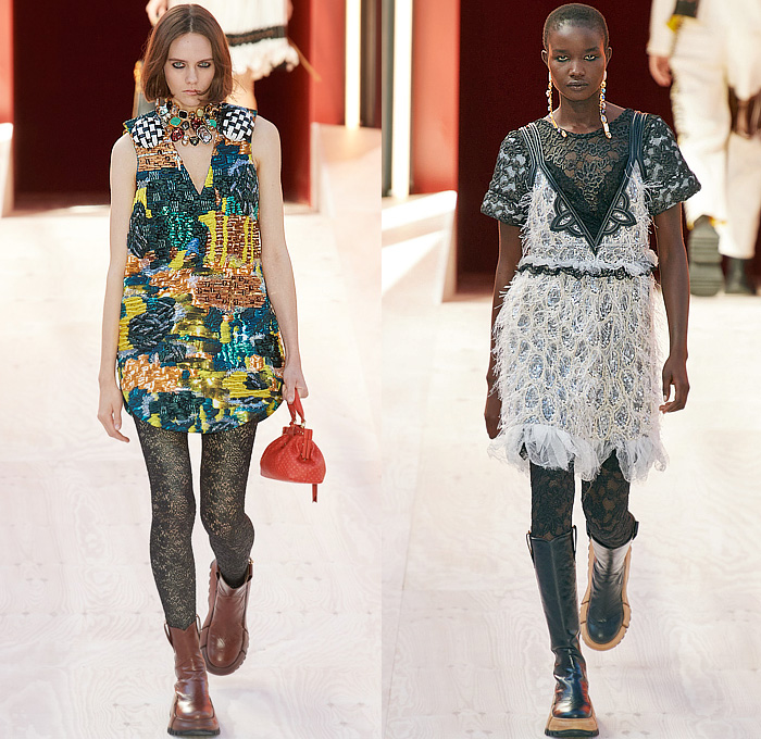 Louis Vuitton 2023 Spring Summer Womens Runway Collection - Mode à Paris Fashion Week France - Trompe L'oeil Giant Oversized Zipper Hooks Slider Closures Coils Pleats Crop Top Midriff Drawstring Funnelneck Bow Ribbons Patchwork Keys Noodle Strap Cargo Pockets Wide Belt Pinafore Babydoll Dress Coat Cardigan Wool Check Sheer Tulle Organza Ruffles Bralette Tiered Scales Leggings Tights Mesh Bedazzled Crystals Gems Jewels Beads Lace Embroidery Strapless Handbag Boots