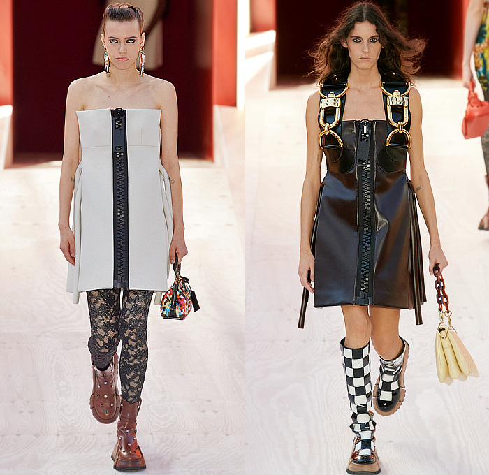 Louis Vuitton 2023 Spring Summer Womens Runway Collection - Mode à Paris Fashion Week France - Trompe L'oeil Giant Oversized Zipper Hooks Slider Closures Coils Pleats Crop Top Midriff Drawstring Funnelneck Bow Ribbons Patchwork Keys Noodle Strap Cargo Pockets Wide Belt Pinafore Babydoll Dress Coat Cardigan Wool Check Sheer Tulle Organza Ruffles Bralette Tiered Scales Leggings Tights Mesh Bedazzled Crystals Gems Jewels Beads Lace Embroidery Strapless Handbag Boots