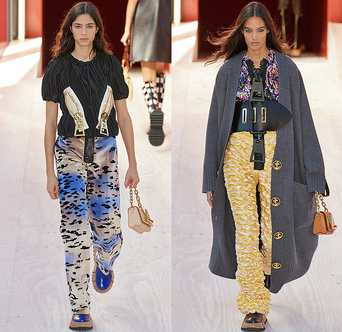 Louis Vuitton 2023 Spring Summer Womens Runway Collection - Mode à Paris Fashion Week France - Trompe L'oeil Giant Oversized Zipper Hooks Slider Closures Coils Pleats Crop Top Midriff Drawstring Funnelneck Bow Ribbons Patchwork Keys Noodle Strap Cargo Pockets Wide Belt Pinafore Babydoll Dress Coat Cardigan Wool Check Sheer Tulle Organza Ruffles Bralette Tiered Scales Leggings Tights Mesh Bedazzled Crystals Gems Jewels Beads Lace Embroidery Strapless Handbag Boots