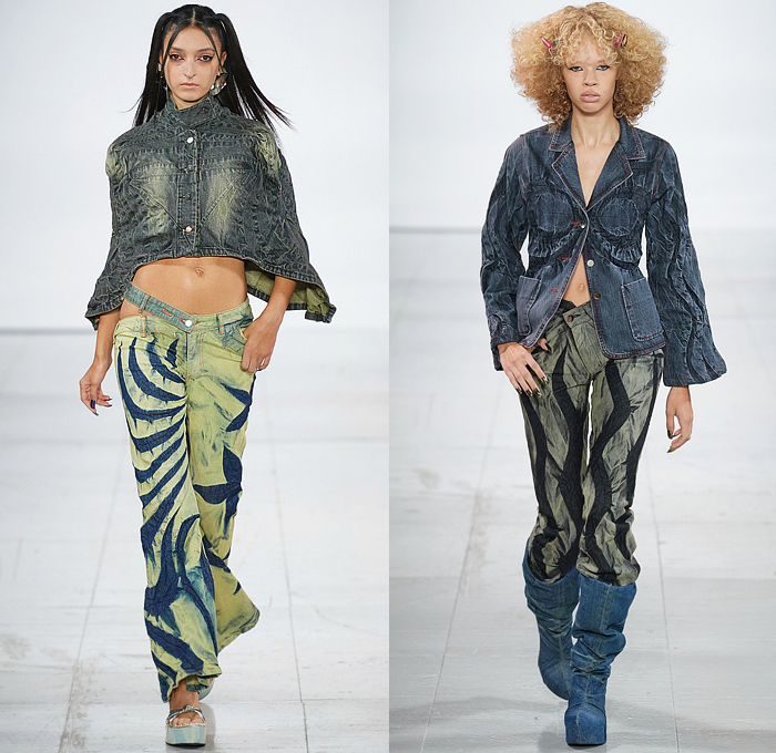 Masha Popova 2023 Spring Summer Womens Runway Collection Denim Jeans Highlights - London Fashion Week UK - Deconstructed Crop Top Midriff Stitched Faded Color Dye Frayed Raw Hem Jacket Dress Flower Bud Poufy Shoulders Noodle Strap Draped Tie-Dye Spiral Sunburst Blouse Chevron Zigzag Pleats Destroyed Halterneck Tire Tracks Spray Paint Stripes Clawed Patchwork Leaves Stars Oversleeve Capelet Poncho Cross Waistband Cutout Waist Zipper Jorts Cutoffs Shorts Miniskirt Boots