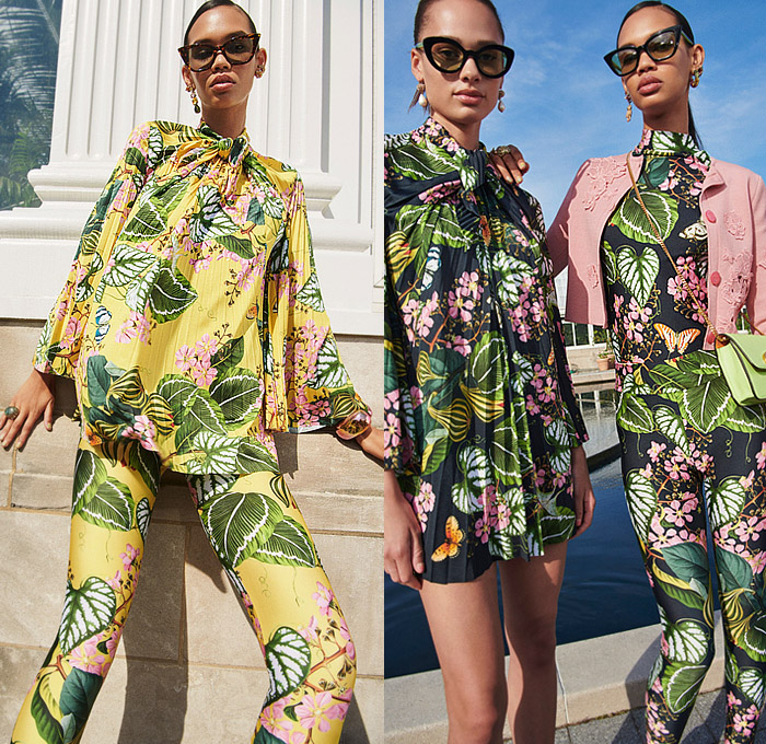 Oscar de la Renta 2023 Resort Cruise Pre-Spring Womens Lookbook Presentation - Cutout Trompe L'oeil Flowers Floral Leaves Garden Blazerdress Coat Cape Strapless Poufy Shoulders Puff Sleeves Tweed Gold Metallic Accordion Pleats Blouse Tied Knot Butterflies Flare Knit Crochet Sweater Fringes Crop Top Midriff Shorts Leggings Tights Babydoll Prairie Dress Bedazzled Sequins Beads Draped Crystals Sheer Tulle Mesh Pearls Halterneck Ball Gown Bow Hanging Sleeve Handbag Clutch Purse 