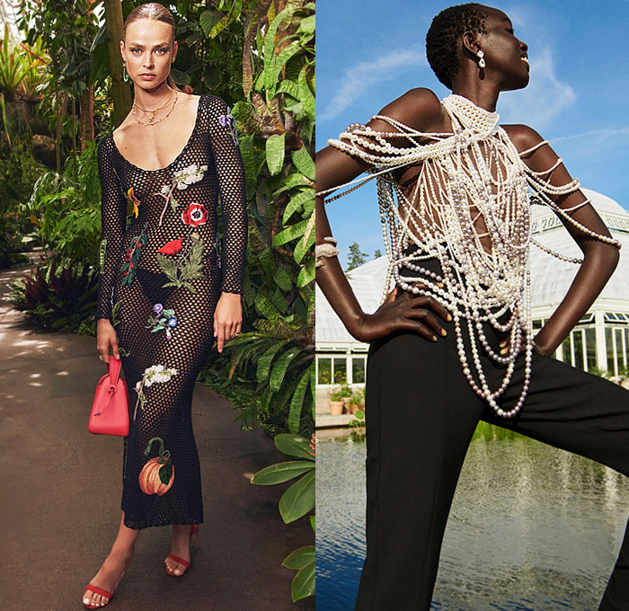 Oscar de la Renta 2023 Resort Cruise Pre-Spring Womens Lookbook Presentation - Cutout Trompe L'oeil Flowers Floral Leaves Garden Blazerdress Coat Cape Strapless Poufy Shoulders Puff Sleeves Tweed Gold Metallic Accordion Pleats Blouse Tied Knot Butterflies Flare Knit Crochet Sweater Fringes Crop Top Midriff Shorts Leggings Tights Babydoll Prairie Dress Bedazzled Sequins Beads Draped Crystals Sheer Tulle Mesh Pearls Halterneck Ball Gown Bow Hanging Sleeve Handbag Clutch Purse 