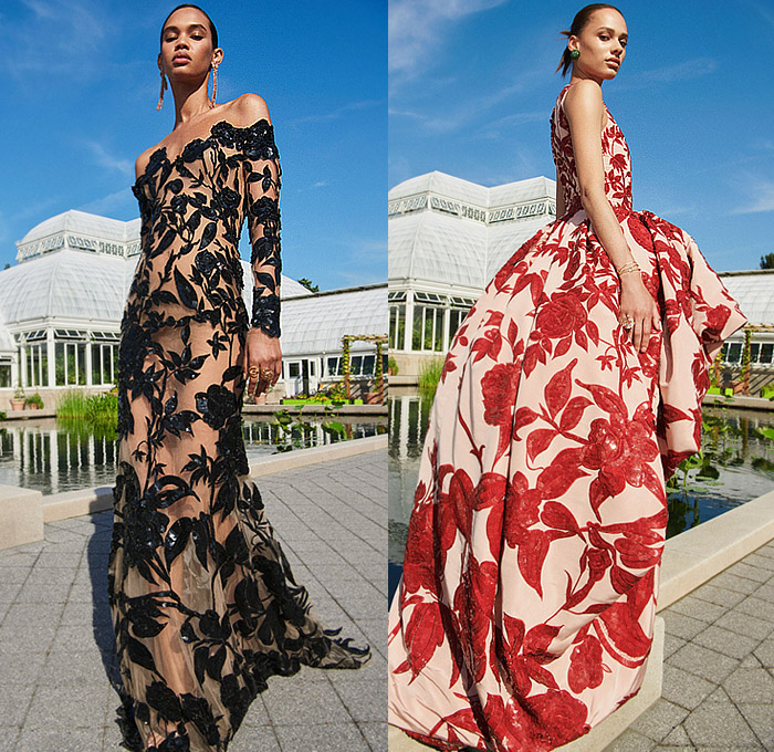 Oscar de la Renta 2023 Resort Cruise Pre-Spring Womens Lookbook Presentation - Cutout Trompe L'oeil Flowers Floral Leaves Garden Blazerdress Coat Cape Strapless Poufy Shoulders Puff Sleeves Tweed Gold Metallic Accordion Pleats Blouse Tied Knot Butterflies Flare Knit Crochet Sweater Fringes Crop Top Midriff Shorts Leggings Tights Babydoll Prairie Dress Bedazzled Sequins Beads Draped Crystals Sheer Tulle Mesh Pearls Halterneck Ball Gown Bow Hanging Sleeve Handbag Clutch Purse 