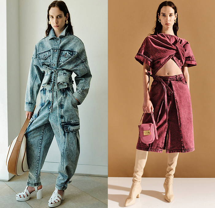 3.1 Phillip Lim 2023 Resort Cruise Pre-Spring Womens Lookbook Presentation - Denim Jeans Acid Wash Tied Knot Twist Wrap Handkerchief Panel Blouse Crop Top Midriff Hoodie Sweatshirt Bedazzled Crystals Studs Knit Vest Cutout Waist Poufy Shoulders Puff Sleeves Cinch Drawstring Outerwear Coat Plaid Check Onesie Shirtdress Accordion Pleats Peasant Dress Midi Skirt Asymmetrical Abstract Cargo Pants Pockets Wide Leg Palazzo Pants Culottes Skirt Sweatpants Jogger Hobo Bag Tote Boots