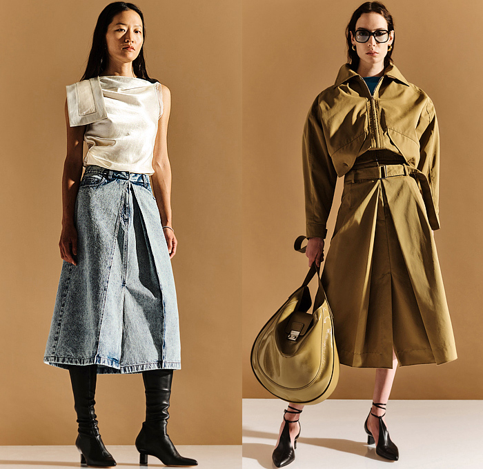 3.1 Phillip Lim 2023 Resort Cruise Pre-Spring Womens Lookbook Presentation - Denim Jeans Acid Wash Tied Knot Twist Wrap Handkerchief Panel Blouse Crop Top Midriff Hoodie Sweatshirt Bedazzled Crystals Studs Knit Vest Cutout Waist Poufy Shoulders Puff Sleeves Cinch Drawstring Outerwear Coat Plaid Check Onesie Shirtdress Accordion Pleats Peasant Dress Midi Skirt Asymmetrical Abstract Cargo Pants Pockets Wide Leg Palazzo Pants Culottes Skirt Sweatpants Jogger Hobo Bag Tote Boots