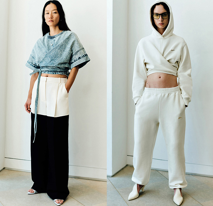 3.1 Phillip Lim 2023 Resort Cruise Pre-Spring Womens Lookbook Presentation - Denim Jeans Acid Wash Tied Knot Twist Wrap Handkerchief Panel Blouse Crop Top Midriff Hoodie Sweatshirt Bedazzled Crystals Studs Knit Vest Cutout Waist Poufy Shoulders Puff Sleeves Cinch Drawstring Outerwear Coat Plaid Check Onesie Shirtdress Accordion Pleats Peasant Dress Midi Skirt Asymmetrical Abstract Cargo Pants Pockets Wide Leg Palazzo Pants Culottes Skirt Sweatpants Jogger Hobo Bag Tote Boots