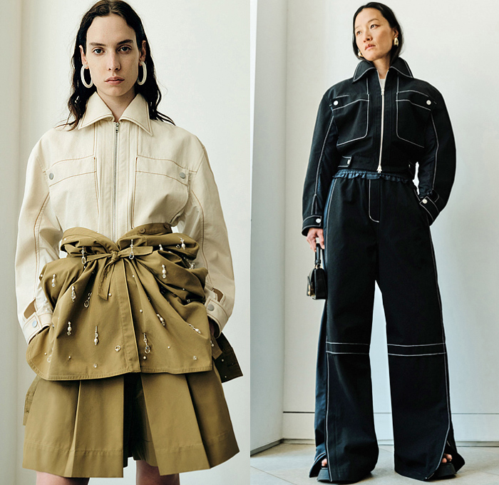 3.1 Phillip Lim 2023 Resort Cruise Pre-Spring Womens Lookbook Presentation - Denim Jeans Acid Wash Tied Knot Twist Wrap Handkerchief Panel Blouse Crop Top Midriff Hoodie Sweatshirt Bedazzled Crystals Studs Knit Vest Cutout Waist Poufy Shoulders Puff Sleeves Cinch Drawstring Outerwear Coat Plaid Check Onesie Shirtdress Accordion Pleats Peasant Dress Midi Skirt Asymmetrical Abstract Cargo Pants Pockets Wide Leg Palazzo Pants Culottes Skirt Sweatpants Jogger Hobo Bag Tote Boots