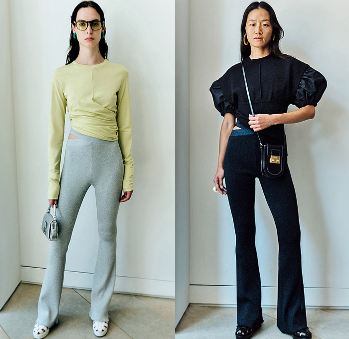 3.1 Phillip Lim 2023 Resort Cruise Pre-Spring Womens Lookbook Presentation - Denim Jeans Acid Wash Tied Knot Twist Wrap Handkerchief Panel Blouse Crop Top Midriff Hoodie Sweatshirt Bedazzled Crystals Studs Knit Vest Cutout Waist Poufy Shoulders Puff Sleeves Cinch Drawstring Outerwear Coat Plaid Check Onesie Shirtdress Accordion Pleats Peasant Dress Midi Skirt Asymmetrical Abstract Cargo Pants Pockets Wide Leg Palazzo Pants Culottes Skirt Sweatpants Jogger Hobo Bag Tote Boots