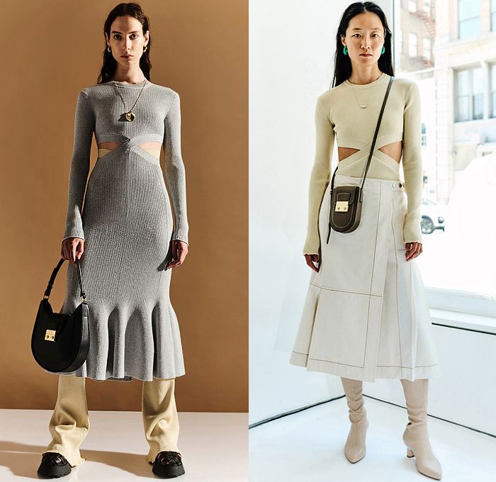 3.1 Phillip Lim 2023 Resort Cruise Pre-Spring Womens Lookbook Presentation - Denim Jeans Acid Wash Tied Knot Twist Wrap Handkerchief Panel Blouse Crop Top Midriff Hoodie Sweatshirt Bedazzled Crystals Studs Knit Vest Cutout Waist Poufy Shoulders Puff Sleeves Cinch Drawstring Outerwear Coat Plaid Check Onesie Shirtdress Accordion Pleats Peasant Dress Midi Skirt Asymmetrical Abstract Cargo Pants Pockets Wide Leg Palazzo Pants Culottes Skirt Sweatpants Jogger Hobo Bag Tote Boots