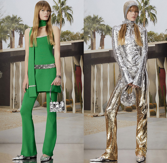 Paco Rabanne 2023 Resort Cruise Pre-Spring Womens Lookbook Presentation - Marching Band Military Officer Coat Scarf Knit Balaclava Hood Turtleneck Blouse Long Sleeve Tuxedo Stripe Bedazzled Sequins Paillettes Trinkets Crystals Gems Studs Mesh Chainmail Flare Wide Leg Miniskirt Skirt Ruffles Peplum Crop Top Midriff Bralette Stripes Maxi Dress Fringes Hearts Flapper Stars Velvet  Cutout Waist Gown Eveningwear Flats Handbag Choker