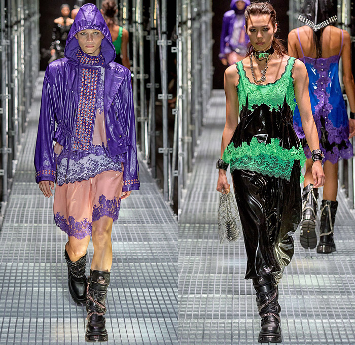 Paco Rabanne 2023 Spring Summer Womens Runway Catwalk Looks – Latex Strapless Paint Liquefied Crop Top Midriff Chain Chainlink Mesh Choker Belts Straps Harness Grommets Rings Bondage Miniskirt Headscarf Hoodie Anorak Lace Embroidery Plastic Noodle Strap Lingerie Intimates Slip Dress Camisole Flowers Floral Fringes Poodle Dress Sheer Tulle Studs Crystals Ruffles Tiered Metal Halterneck Sequins Paillettes Accordion Pleats Leather Blouse Blazer Coat Knit Hotpants Gladiators Biker Boots