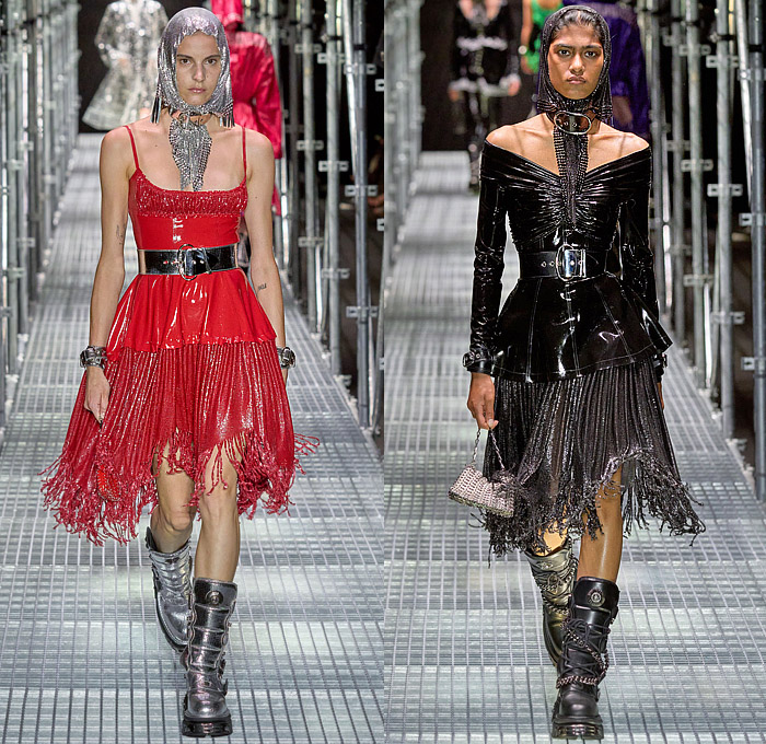 Paco Rabanne 2023 Spring Summer Womens Runway Catwalk Looks – Latex Strapless Paint Liquefied Crop Top Midriff Chain Chainlink Mesh Choker Belts Straps Harness Grommets Rings Bondage Miniskirt Headscarf Hoodie Anorak Lace Embroidery Plastic Noodle Strap Lingerie Intimates Slip Dress Camisole Flowers Floral Fringes Poodle Dress Sheer Tulle Studs Crystals Ruffles Tiered Metal Halterneck Sequins Paillettes Accordion Pleats Leather Blouse Blazer Coat Knit Hotpants Gladiators Biker Boots