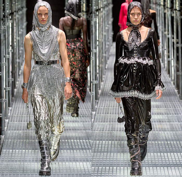 Paco Rabanne 2023 Spring Summer Womens Runway Catwalk Looks – Latex Strapless Paint Liquefied Crop Top Midriff Chain Chainlink Mesh Choker Belts Straps Harness Grommets Rings Bondage Miniskirt Headscarf Hoodie Anorak Lace Embroidery Plastic Noodle Strap Lingerie Intimates Slip Dress Camisole Flowers Floral Fringes Poodle Dress Sheer Tulle Studs Crystals Ruffles Tiered Metal Halterneck Sequins Paillettes Accordion Pleats Leather Blouse Blazer Coat Knit Hotpants Gladiators Biker Boots