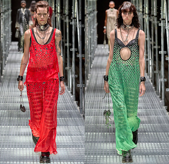 Paco Rabanne 2023 Spring Summer Womens Runway Catwalk Looks – Latex Strapless Paint Liquefied Crop Top Midriff Chain Chainlink Mesh Choker Belts Straps Harness Grommets Rings Bondage Miniskirt Headscarf Hoodie Anorak Lace Embroidery Plastic Noodle Strap Lingerie Intimates Slip Dress Camisole Flowers Floral Fringes Poodle Dress Sheer Tulle Studs Crystals Ruffles Tiered Metal Halterneck Sequins Paillettes Accordion Pleats Leather Blouse Blazer Coat Knit Hotpants Gladiators Biker Boots
