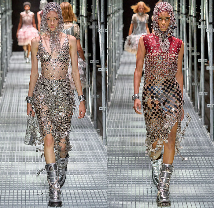 Paco Rabanne 2023 Spring Summer Womens Runway Catwalk Looks – Latex Strapless Paint Liquefied Crop Top Midriff Chain Chainlink Mesh Choker Belts Straps Harness Grommets Rings Bondage Miniskirt Headscarf Hoodie Anorak Lace Embroidery Plastic Noodle Strap Lingerie Intimates Slip Dress Camisole Flowers Floral Fringes Poodle Dress Sheer Tulle Studs Crystals Ruffles Tiered Metal Halterneck Sequins Paillettes Accordion Pleats Leather Blouse Blazer Coat Knit Hotpants Gladiators Biker Boots