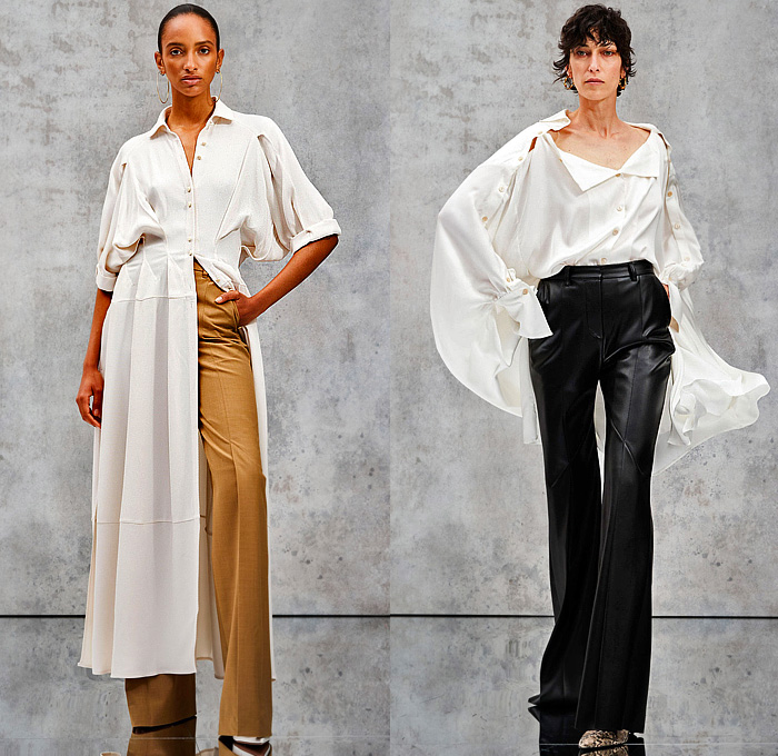palmer//harding 2023 Resort Cruise Pre-Spring Womens Highlights - Trendcasting Styles That Matter - Deconstructed Long Sleeve Shirtdress Blouse Pinstripe Cape Cloak Poncho Buttons Hanging Sleeve Panels Modular Outerwear Trench Coat Blazer Jacket Pleats Cinch Flare Wide Leg Palazzo Pants