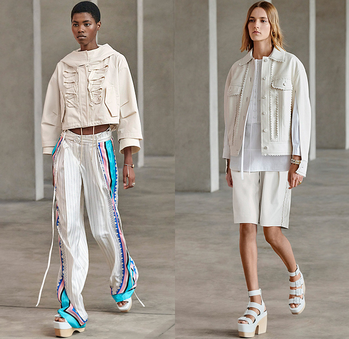 Ports 1961 2023 Resort Cruise Pre-Spring Womens Runway Catwalk Looks - Maritime Marine Sailor Lace Embroidery Mesh Holes Blouse Military Strap Shoulder Rope Knot Crisscross Loops Fringes Knit Sweater Hanging Sleeve Crop Top Midriff Pinstripe Stripes Jacket Hoodie Trucker Jacket Onesie Shirtdress Sweaterdress  Parka Coat Accordion Pleats Decorative Art V-Neck Dress Ruffles Frills Pockets Vest Blazer Pantsuit Denim Jeans Wide Leg Sailor Pants Shorts Miniskirt Handbag Sandals Wedge