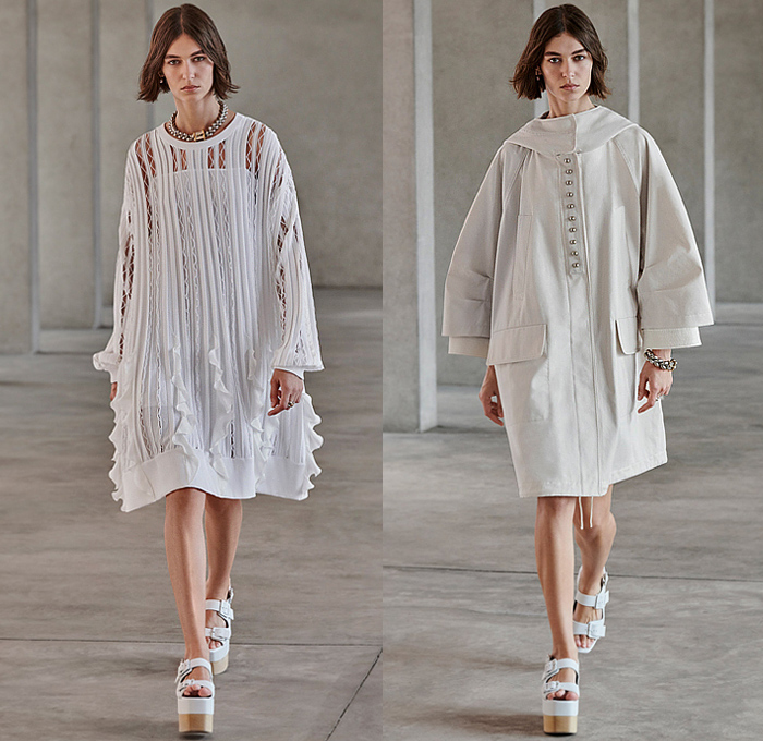 Ports 1961 2023 Resort Cruise Pre-Spring Womens Runway Catwalk Looks - Maritime Marine Sailor Lace Embroidery Mesh Holes Blouse Military Strap Shoulder Rope Knot Crisscross Loops Fringes Knit Sweater Hanging Sleeve Crop Top Midriff Pinstripe Stripes Jacket Hoodie Trucker Jacket Onesie Shirtdress Sweaterdress  Parka Coat Accordion Pleats Decorative Art V-Neck Dress Ruffles Frills Pockets Vest Blazer Pantsuit Denim Jeans Wide Leg Sailor Pants Shorts Miniskirt Handbag Sandals Wedge