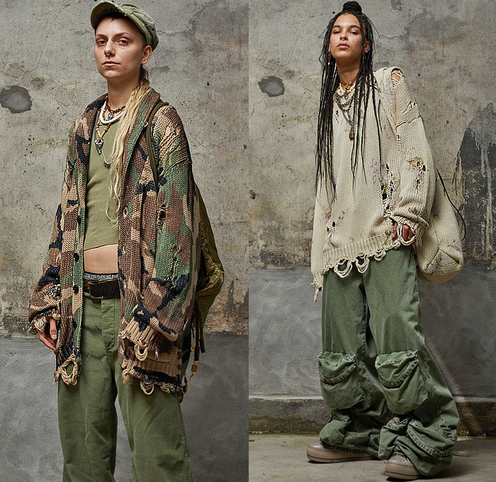 R13 2023 Resort Cruise Pre-Spring Womens Lookbook Presentation - Hybrid Jacket Backpack Jackpack Hoodie Sweatpack Sweatshirt Pantspack Parka Parkapack Quilted Puffer Streetwear Camouflage Plaid Check Denim Jeans Leopard Cheetah Pockets Cargo Pants Wide Leg Destroyed Holes Slashed Knit Cardigan Sweater Fatigues Oversized Stained Patchwork Long Sleeve Shirt Dress Shirtdress Onesie Jumpsuit Overalls Romper Fringes Coat Flowers Floral Trucker Hat Bag Sack Boots Sneakers