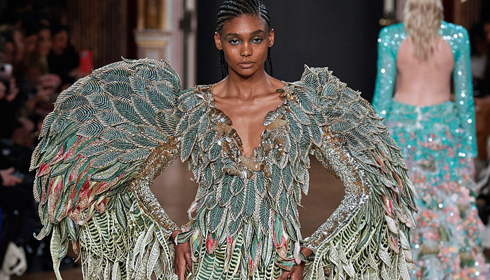Rahul Mishra 2023 Spring Couture Womens Runway Collection - Haute Couture Avant Garde High Fashion - Cosmos Planets Jellyfish Fish Whale Ladybug Feathers Skyscrapers Hood Tiered Waves Bedazzled Embroidery Sequins Stars Crystals Puff Ball Poufy High Bloated Frankenstein Shoulders Gold Metal Starfish Sculpture Sheer Tulle Tights Beads Studs Strapless Wings Ruffles Fringes Cape Crop Top Midriff Leotard Flowers Floral Plants Leaves Garden Dress Gown