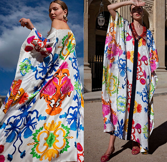 Rianna + Nina 2023 Resort Cruise Pre-Spring Womens Lookbook Presentation - Mesogios Greek Mediterranean Sea Marrakech Kaftan Caftan Robe Jacquard Lamé Twill Wool Fleece Jacket Shorts Geometric Decorative Art Symmetry Ornaments Watercolor Brushstrokes Maxi Dress Furisode Kimono Sleeves Draped Fringes Blouse Wide Leg Palazzo Pants Halterneck Sleeveless Skirt