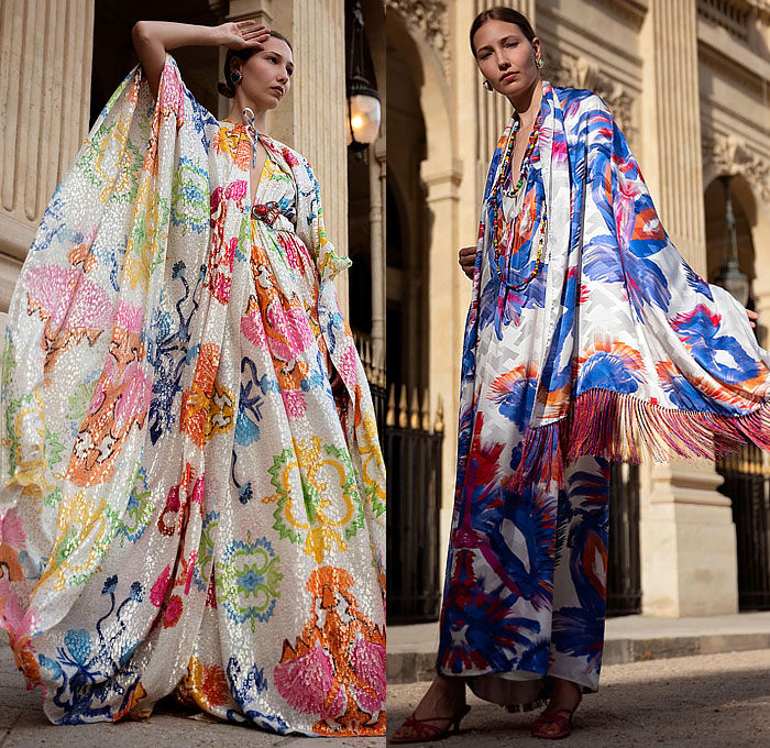 Rianna + Nina 2023 Resort Cruise Pre-Spring Womens Lookbook Presentation - Mesogios Greek Mediterranean Sea Marrakech Kaftan Caftan Robe Jacquard Lamé Twill Wool Fleece Jacket Shorts Geometric Decorative Art Symmetry Ornaments Watercolor Brushstrokes Maxi Dress Furisode Kimono Sleeves Draped Fringes Blouse Wide Leg Palazzo Pants Halterneck Sleeveless Skirt