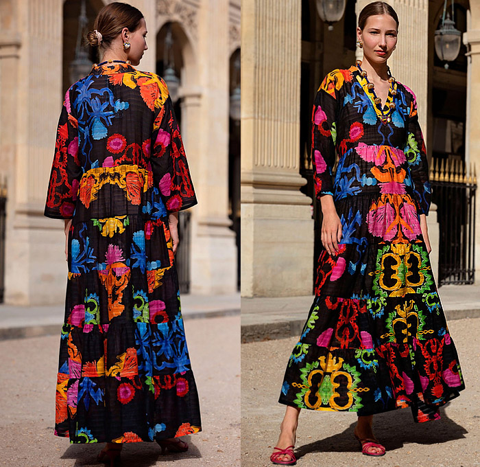 Rianna + Nina 2023 Resort Cruise Pre-Spring Womens Lookbook Presentation - Mesogios Greek Mediterranean Sea Marrakech Kaftan Caftan Robe Jacquard Lamé Twill Wool Fleece Jacket Shorts Geometric Decorative Art Symmetry Ornaments Watercolor Brushstrokes Maxi Dress Furisode Kimono Sleeves Draped Fringes Blouse Wide Leg Palazzo Pants Halterneck Sleeveless Skirt