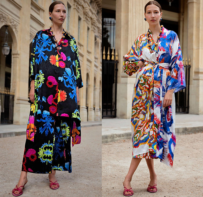 Rianna + Nina 2023 Resort Cruise Pre-Spring Womens Lookbook Presentation - Mesogios Greek Mediterranean Sea Marrakech Kaftan Caftan Robe Jacquard Lamé Twill Wool Fleece Jacket Shorts Geometric Decorative Art Symmetry Ornaments Watercolor Brushstrokes Maxi Dress Furisode Kimono Sleeves Draped Fringes Blouse Wide Leg Palazzo Pants Halterneck Sleeveless Skirt